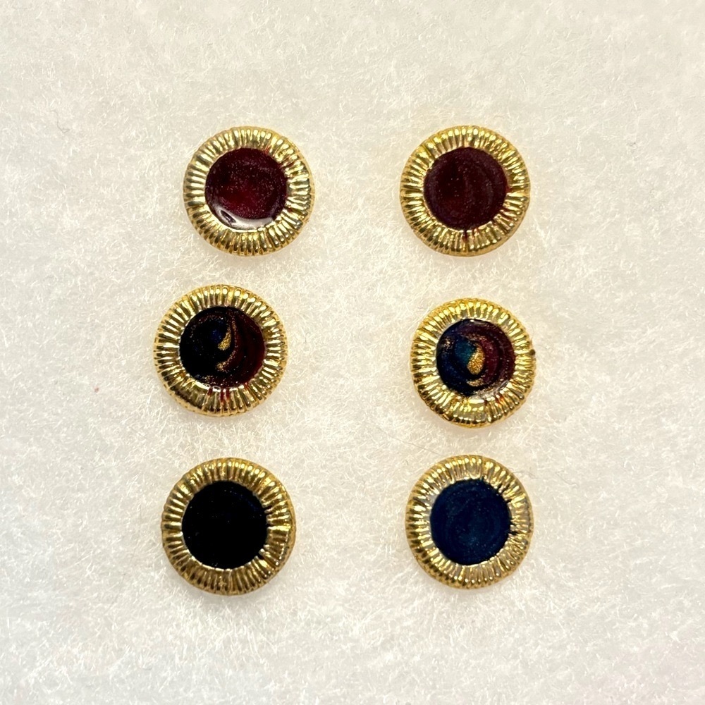 3 Pairs Circular Gold Tone Enamel Earrings